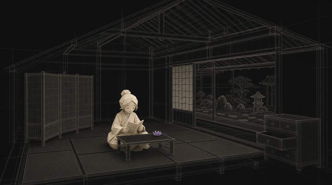A quiet Japanese paper room inside a wireframe house